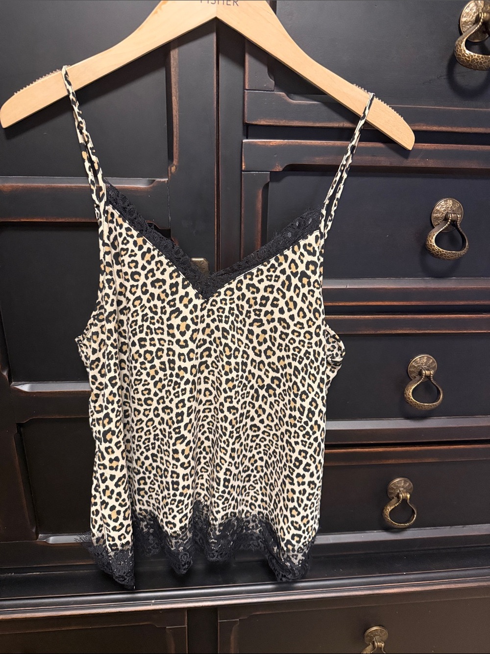 Leopard Print Lace-Trim Cami Top - Black & Tan